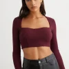 Tees & Tanks-Dynamite Long Sleeve Ribbed Corset Top Burgundy