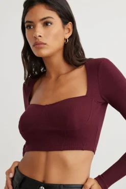 Tees & Tanks-Dynamite Long Sleeve Ribbed Corset Top Burgundy