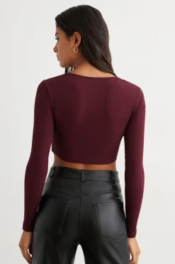 Tees & Tanks-Dynamite Long Sleeve Ribbed Corset Top Burgundy