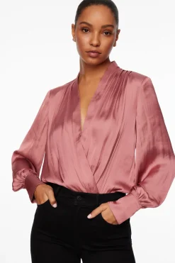 Blouses & Tops | Blouses & Tops-Dynamite Long Sleeve Satin Wrap Bodysuit Burgundy