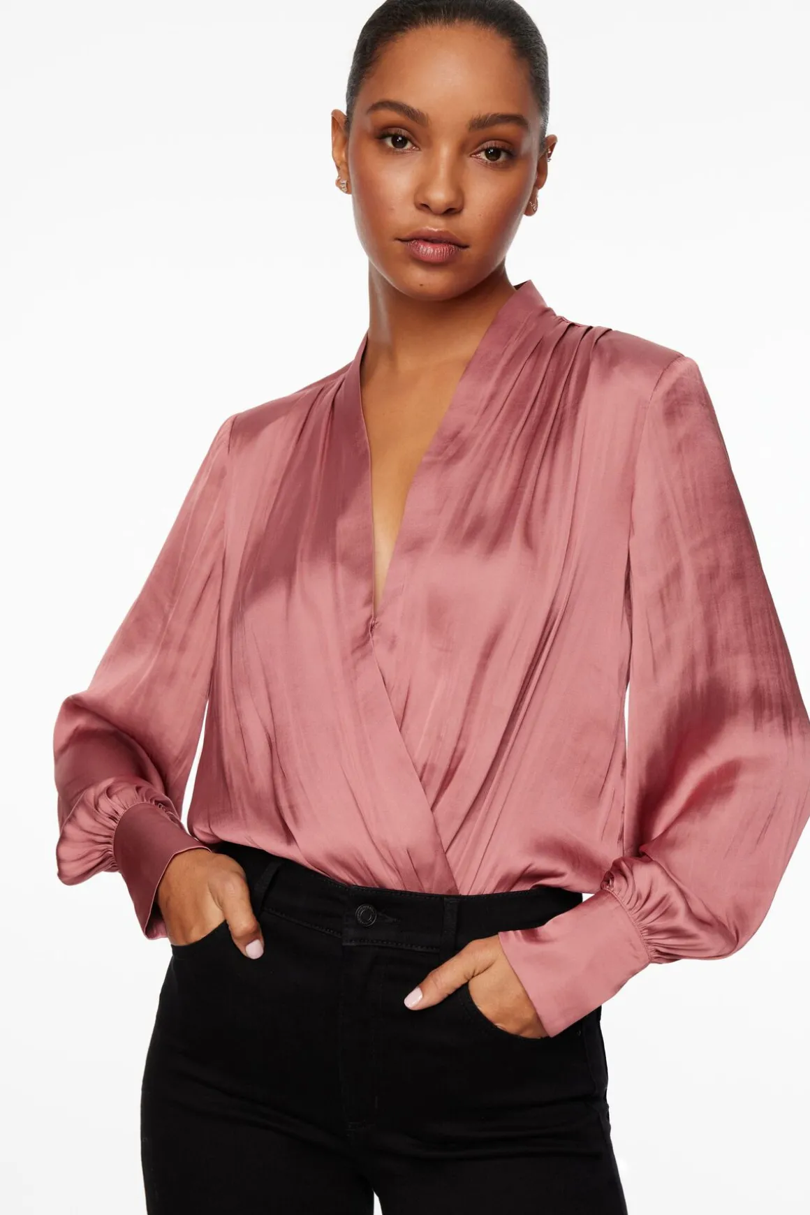 Blouses & Tops | Blouses & Tops-Dynamite Long Sleeve Satin Wrap Bodysuit Burgundy