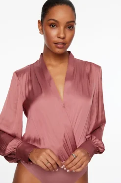 Blouses & Tops | Blouses & Tops-Dynamite Long Sleeve Satin Wrap Bodysuit Burgundy
