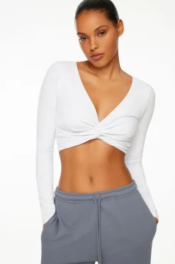 Tees & Tanks | Tees & Tanks-Dynamite Long Sleeve Twist Front Crop Top Gray
