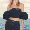 Short Sleeve Tops-Dynamite Madison Off Shoulder Poplin Sleeve Top Black