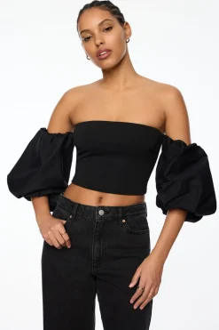 Short Sleeve Tops-Dynamite Madison Off Shoulder Poplin Sleeve Top Black