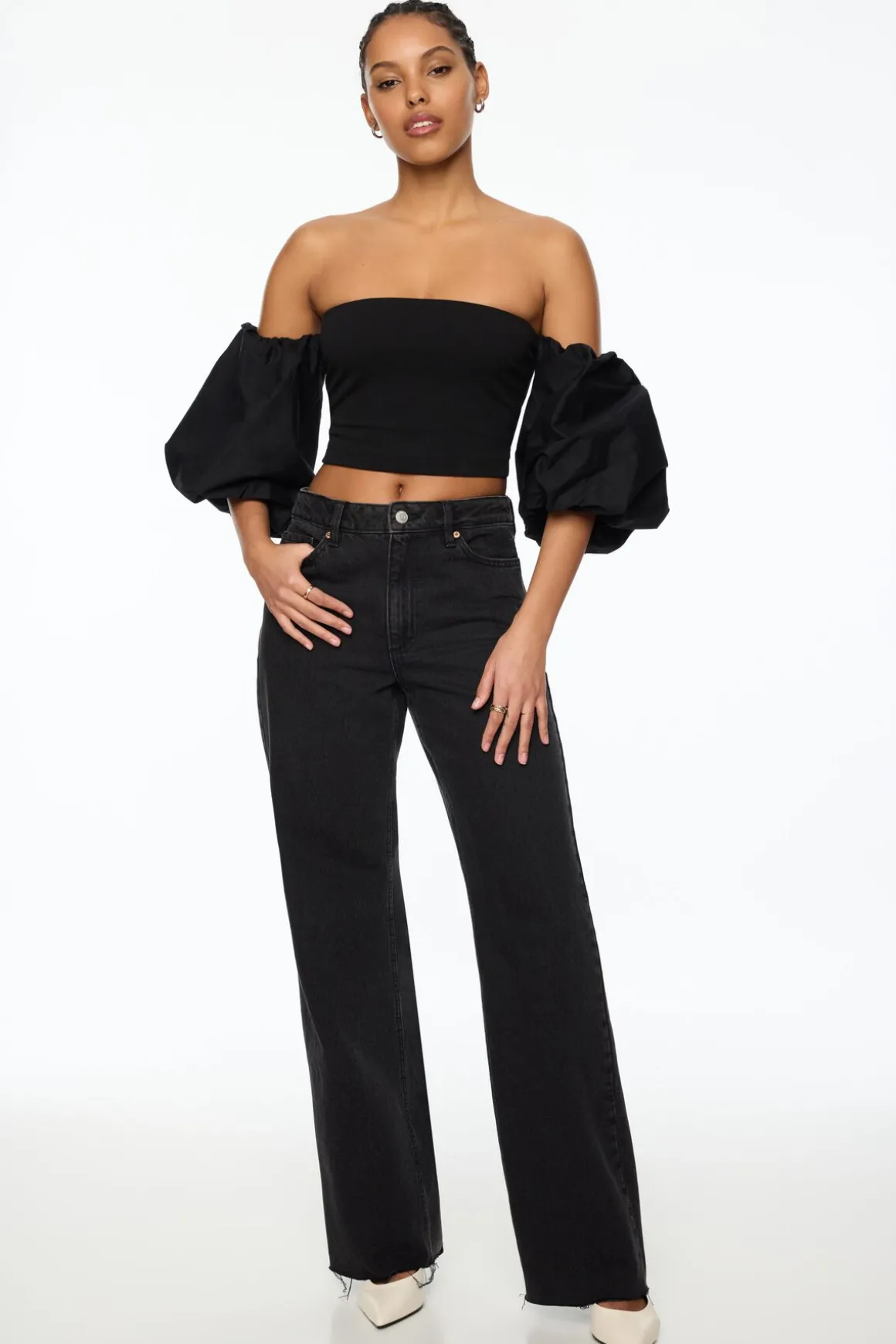 Short Sleeve Tops-Dynamite Madison Off Shoulder Poplin Sleeve Top Black