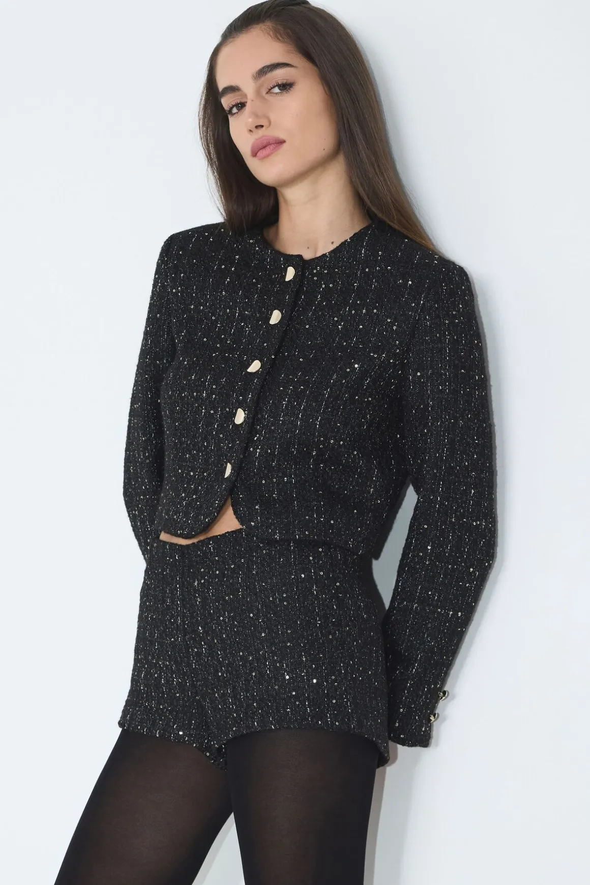 Blazers & Vests | Matching Sets-Dynamite Margaux Metallic Tweed Cropped Blazer Black