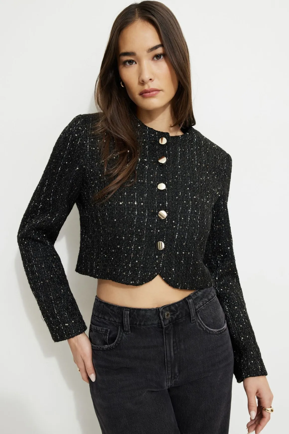 Blazers & Vests | Matching Sets-Dynamite Margaux Metallic Tweed Cropped Blazer Black