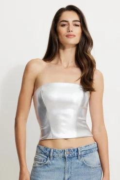 Online Exclusives | Matching Sets-Dynamite Metallic Faux Leather Tube Top Gray