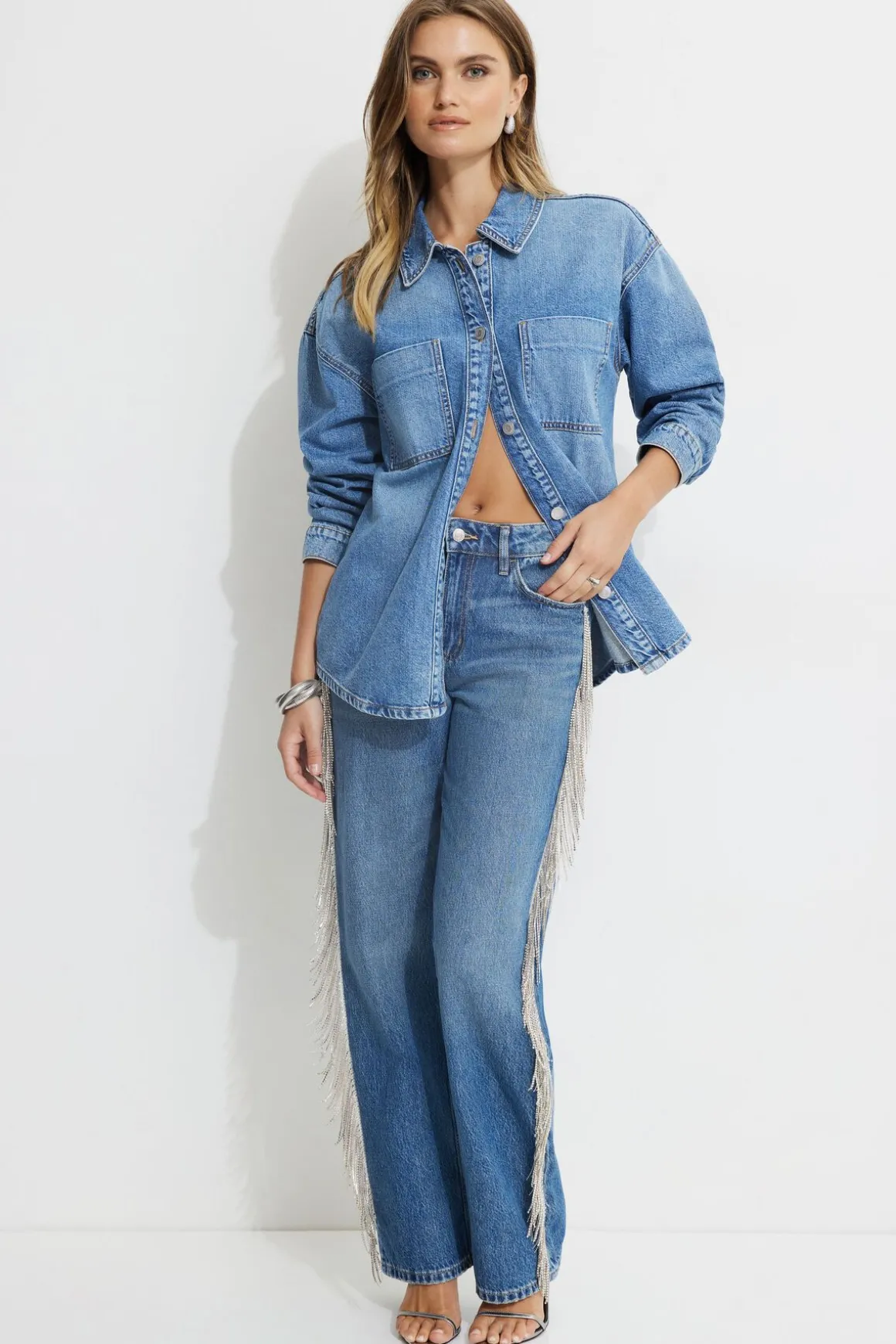 Jeans & Denim-Dynamite Mika Rhinestone Fringe Relaxed Straight Jeans Blue