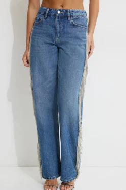 Jeans & Denim-Dynamite Mika Rhinestone Fringe Relaxed Straight Jeans Blue