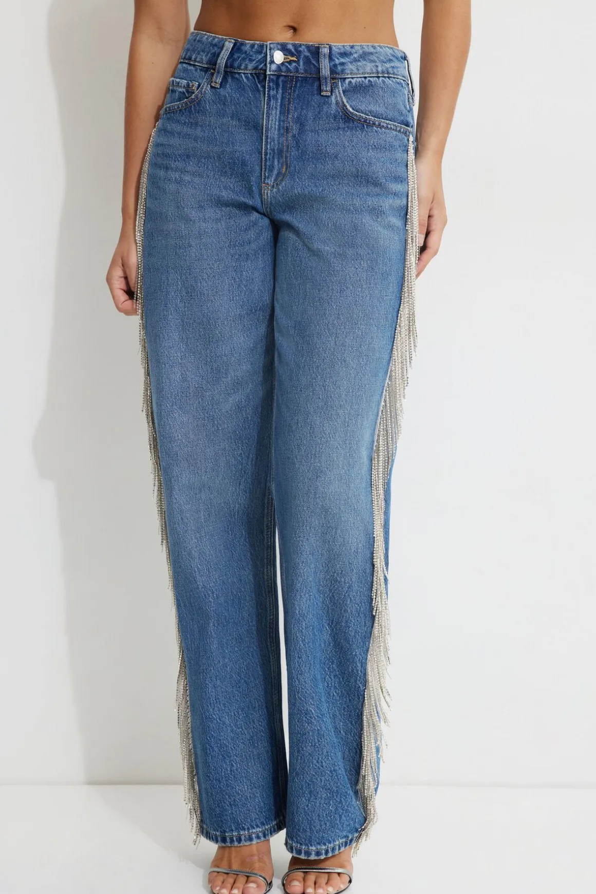 Jeans & Denim-Dynamite Mika Rhinestone Fringe Relaxed Straight Jeans Blue