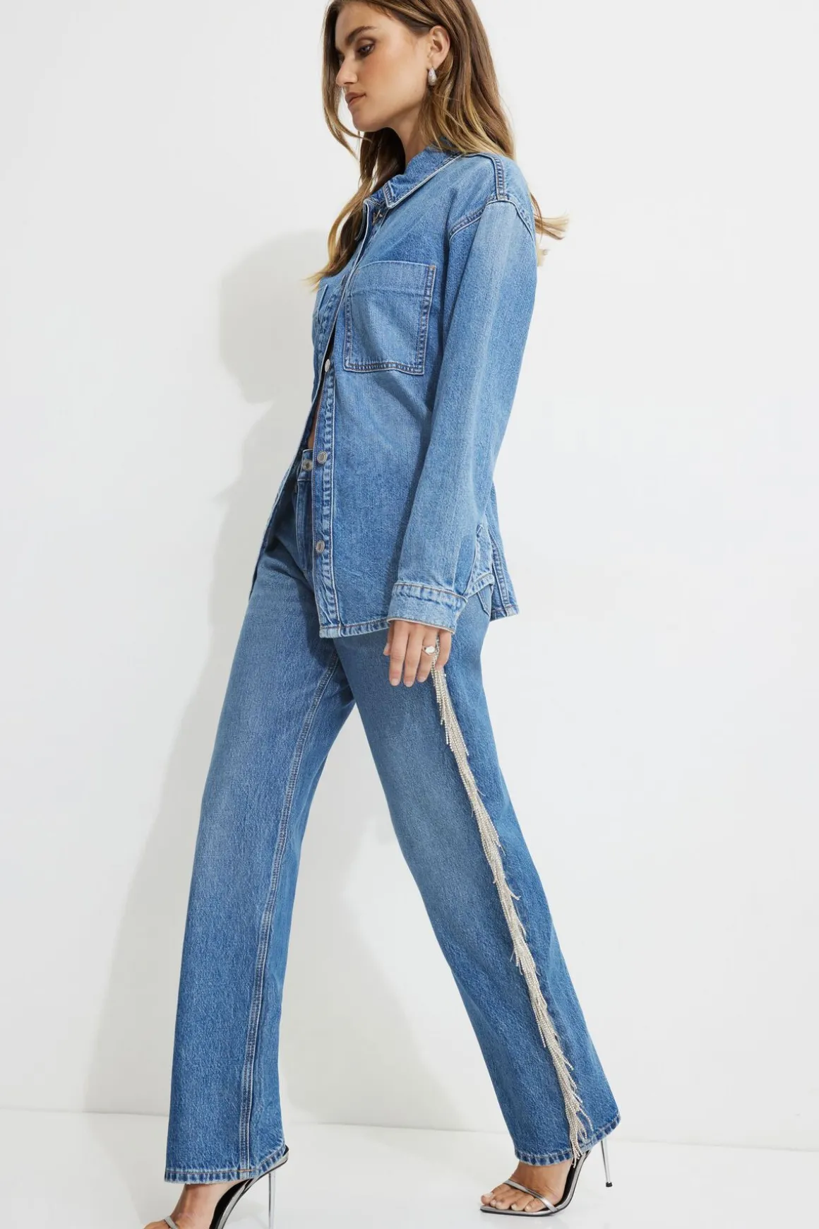 Jeans & Denim-Dynamite Mika Rhinestone Fringe Relaxed Straight Jeans Blue