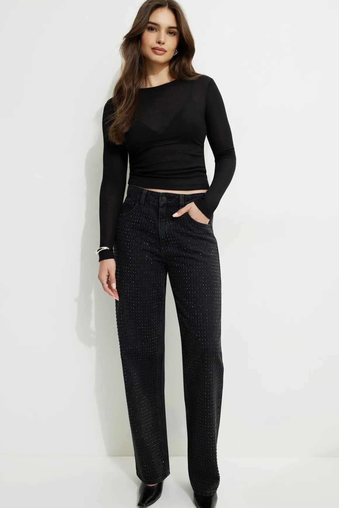 Jeans & Denim-Dynamite Mika Rhinestone Relaxed Straight Jeans Black