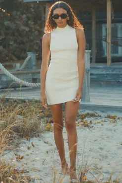 Dresses & Jumpsuits | Mini Dresses-Dynamite Mock Neck Ribbed Mini Dress White