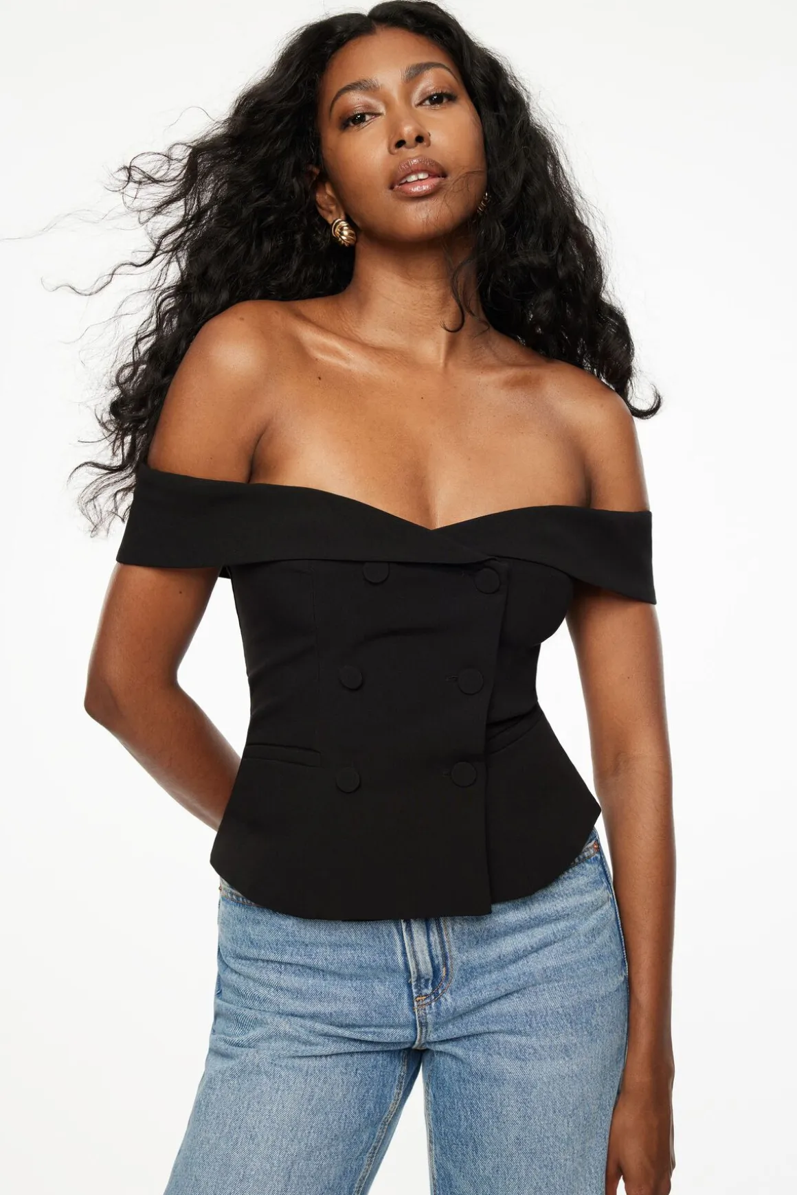 Blouses & Tops | Blouses & Tops-Dynamite Off Shoulder Buttoned Vest Black