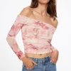 Tees & Tanks | Tees & Tanks-Dynamite Off Shoulder Floral Mesh Top Pink