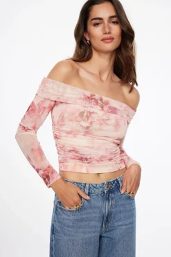 Tees & Tanks | Tees & Tanks-Dynamite Off Shoulder Floral Mesh Top Pink