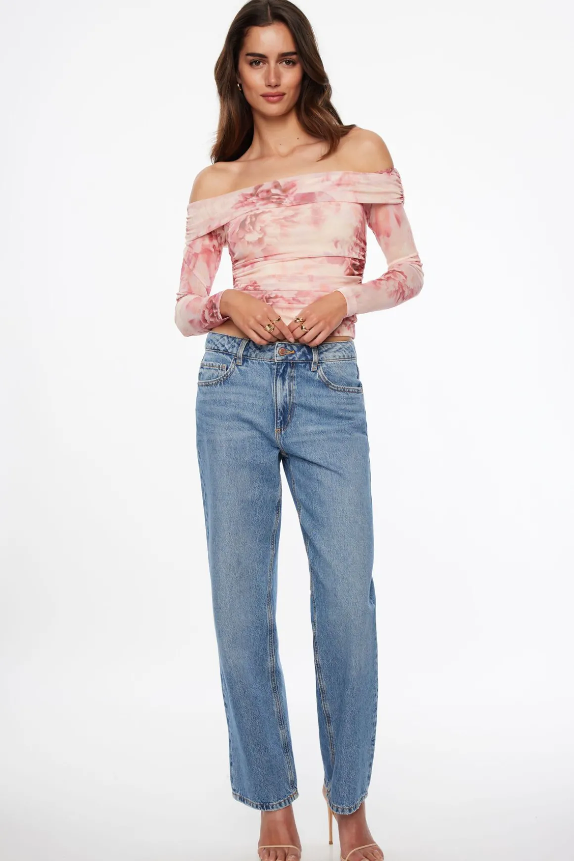 Tees & Tanks | Tees & Tanks-Dynamite Off Shoulder Floral Mesh Top Pink