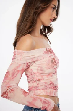Tees & Tanks | Tees & Tanks-Dynamite Off Shoulder Floral Mesh Top Pink