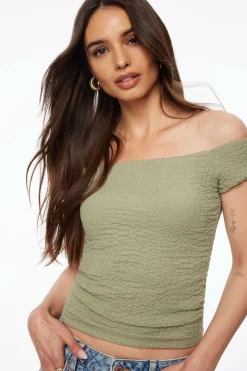 Tees & Tanks | Sleeveless Tops-Dynamite Off Shoulder Popcorn Textured Top Green