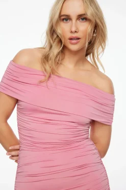 Dresses & Jumpsuits | Mini Dresses-Dynamite Off Shoulder Ruched Mini Dress Red