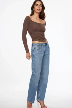 Tees & Tanks | Tees & Tanks-Dynamite Off Shoulder Ruched Top Brown