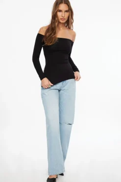 Tees & Tanks | Tees & Tanks-Dynamite Off Shoulder Tunic Slit Top Black