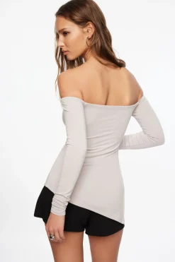 Tees & Tanks | Tees & Tanks-Dynamite Off Shoulder Tunic Slit Top Gray