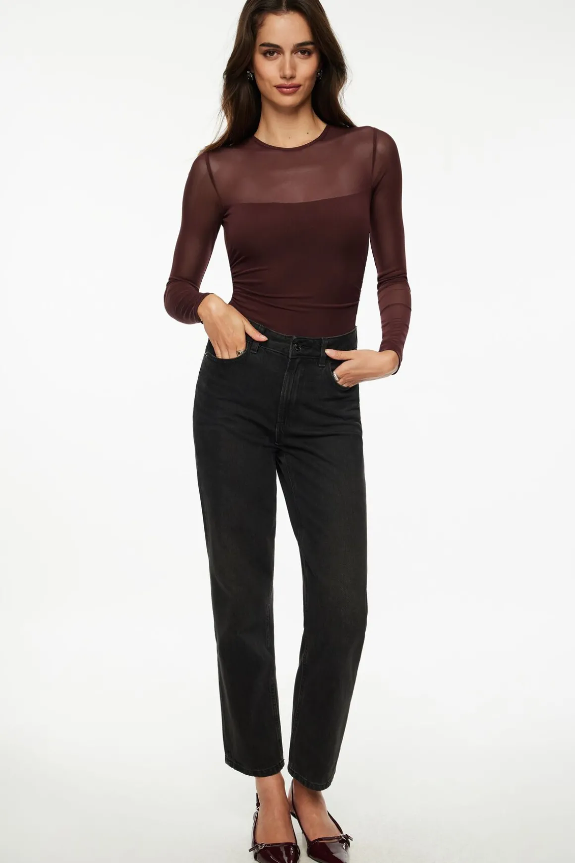 Tees & Tanks | Online Exclusives-Dynamite Open Back Mesh Bodysuit Burgundy