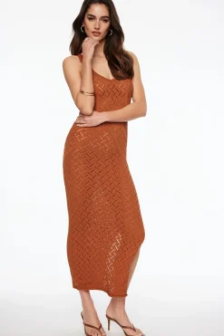 Dresses & Jumpsuits | Sweater Dresses-Dynamite Open Knit V-Neck Maxi Dress Brown