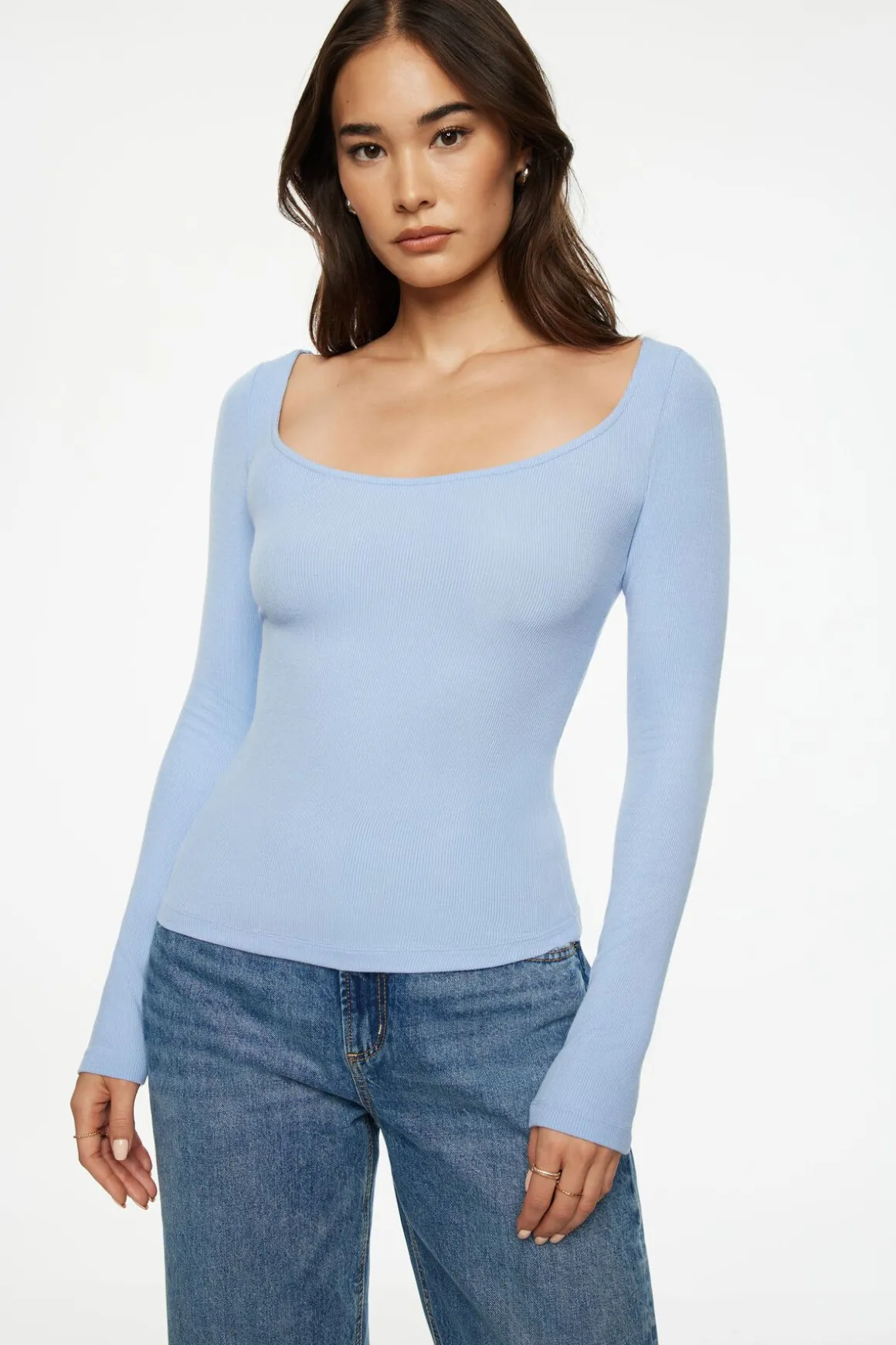 Tees & Tanks | Long Sleeve Tops-Dynamite Ophelia Ribbed Long Sleeve T Shirt Blue