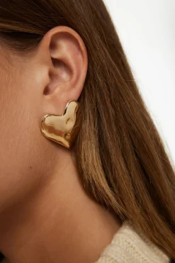Earrings-Dynamite Oversized Hammered Heart Earrings Yellow