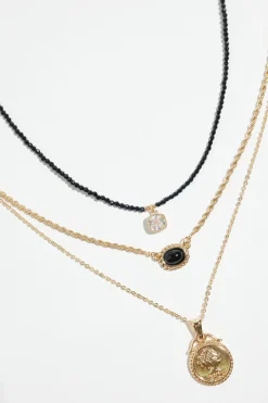 Necklaces-Dynamite 3-Pack Medallion & Glass Bead Necklaces Black