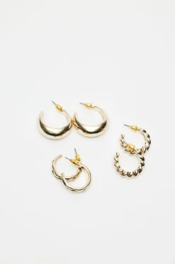 Earrings-Dynamite 3-Pack Textured & Smooth Hoop Earrings YELLOW