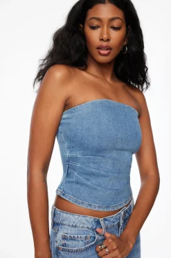Blouses & Tops | Jeans & Denim-Dynamite Pleated Denim Bustier Top Blue