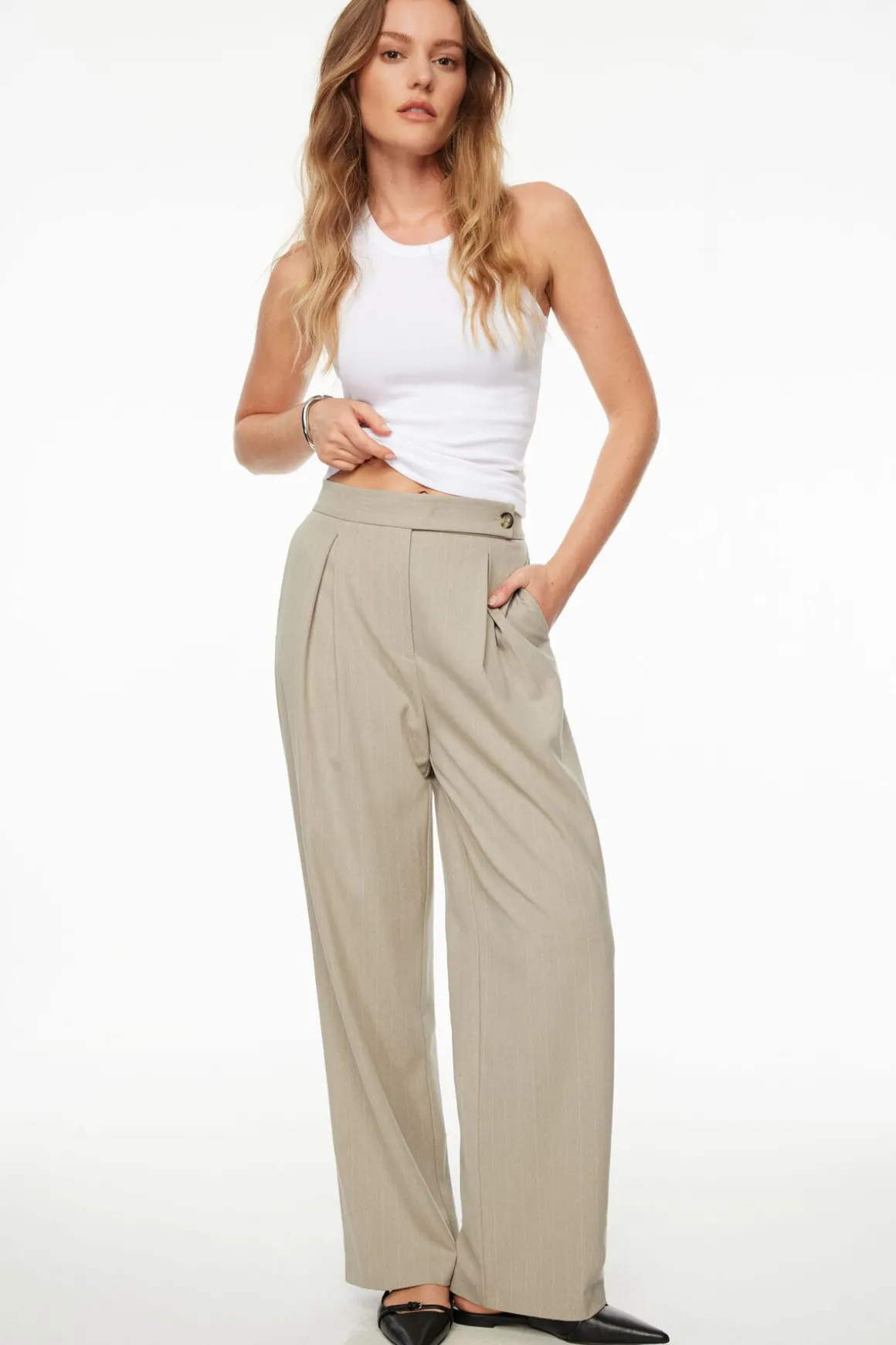 Pants | Matching Sets-Dynamite Pleated Pinstripe Wide Leg Pants Brown
