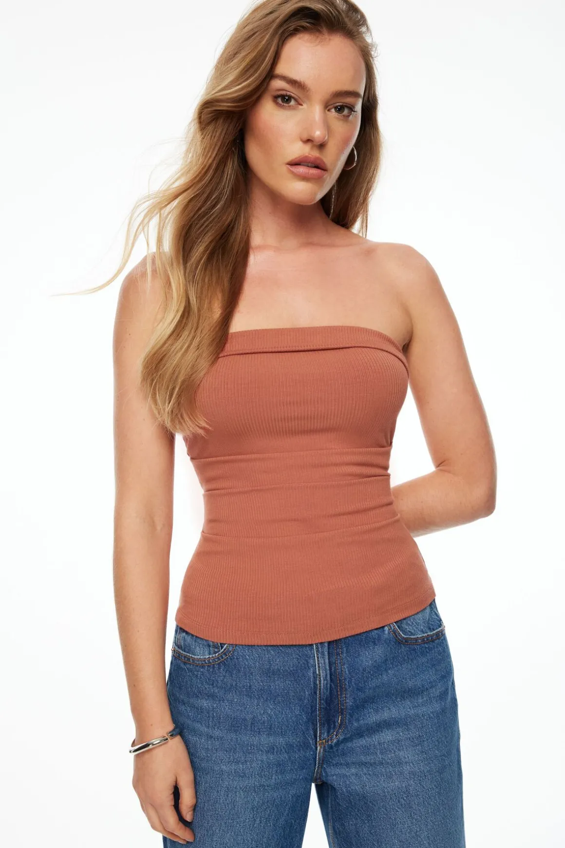 Tees & Tanks | Tees & Tanks-Dynamite Pleated Ribbed Tube Top Brown