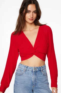 Blouses & Tops | Blouses & Tops-Dynamite Pleated Twisted Crop Blouse Red