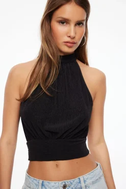 Tees & Tanks | Tees & Tanks-Dynamite Plissé High Neck Top Black