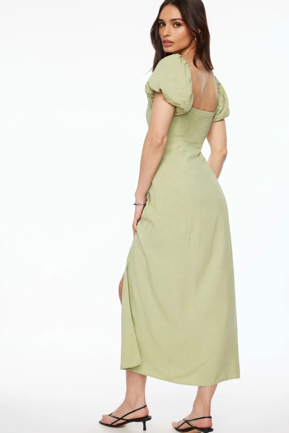 Dresses & Jumpsuits | Midi & Maxi Dresses-Dynamite Puff Sleeve Linen Maxi Dress Green