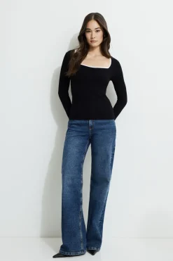 Tees & Tanks | Tees & Tanks-Dynamite Ribbed Contrast Long Sleeve T-Shirt Black
