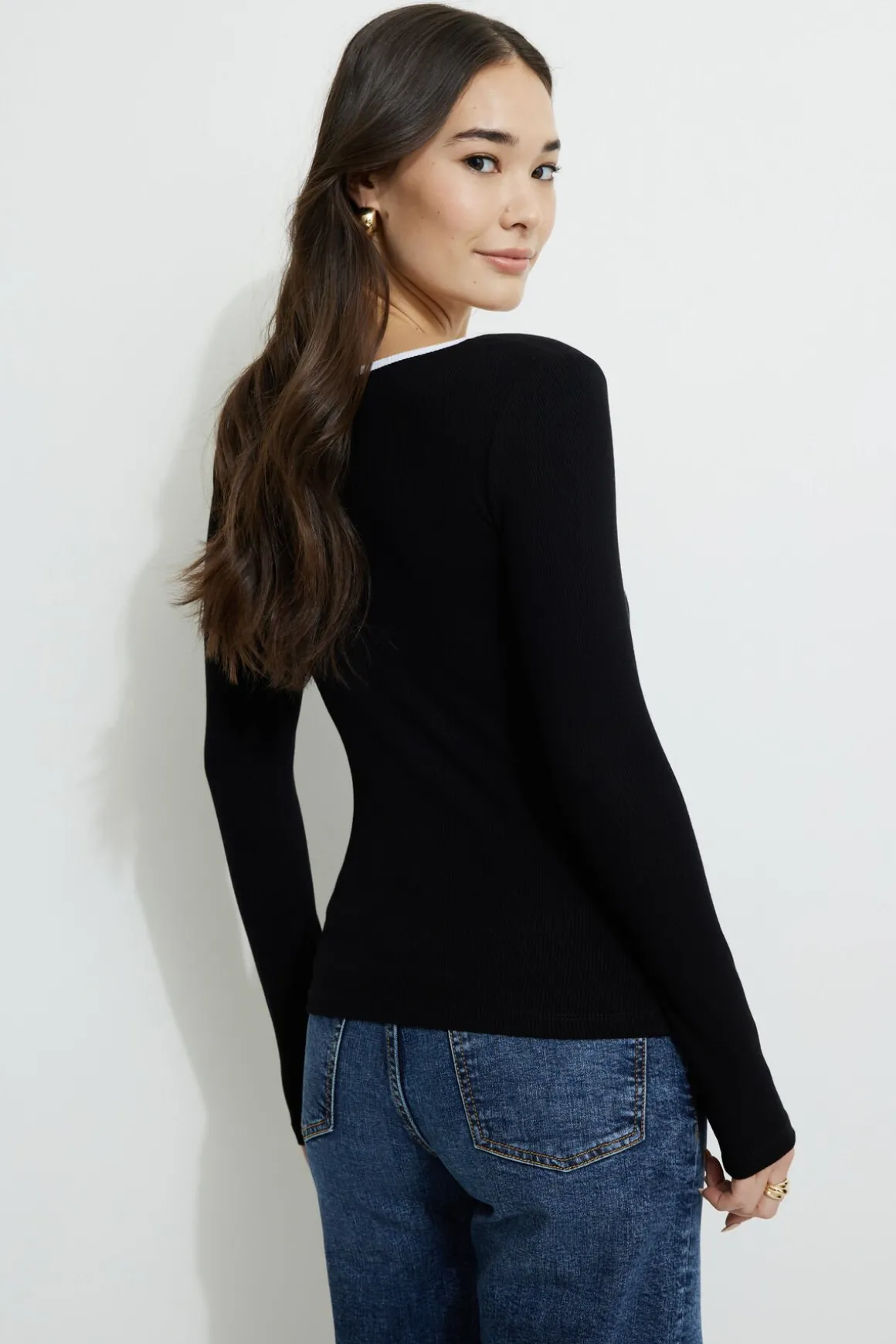 Tees & Tanks | Tees & Tanks-Dynamite Ribbed Contrast Long Sleeve T-Shirt Black