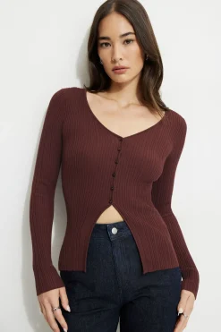 Online Exclusives | Sweaters-Dynamite Ribbed Flyaway Cardigan Burgundy