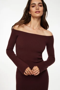 Dresses & Jumpsuits | Mini Dresses-Dynamite Ribbed Off Shoulder Mini Dress Burgundy