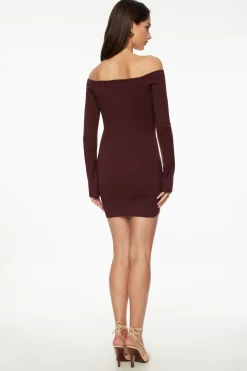 Dresses & Jumpsuits | Mini Dresses-Dynamite Ribbed Off Shoulder Mini Dress Burgundy