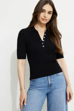 Sweaters & Cardigans | Sweaters-Dynamite Ribbed Quarter Sleeve Polo Black