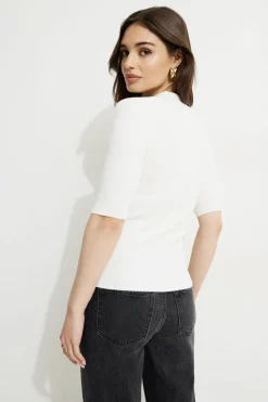 Sweaters & Cardigans | Short Sleeve Tops-Dynamite Ribbed Quarter Sleeve Polo White