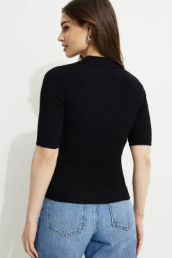 Sweaters & Cardigans | Sweaters-Dynamite Ribbed Quarter Sleeve Polo Black