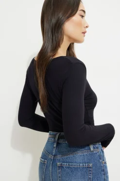 Tees & Tanks | Tees & Tanks-Dynamite Ribbed U-Neck Long Sleeve T Shirt Black